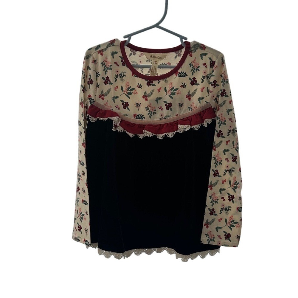 Matilda Jane Kids Girls Long Sleeve Floral Berry Print Black Velvet Top‎ Size 6